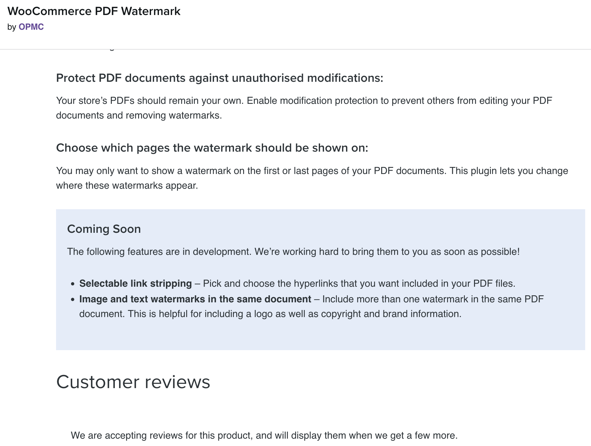 Screenshot of features "coming soon" to PDF Watermark WooCommerce