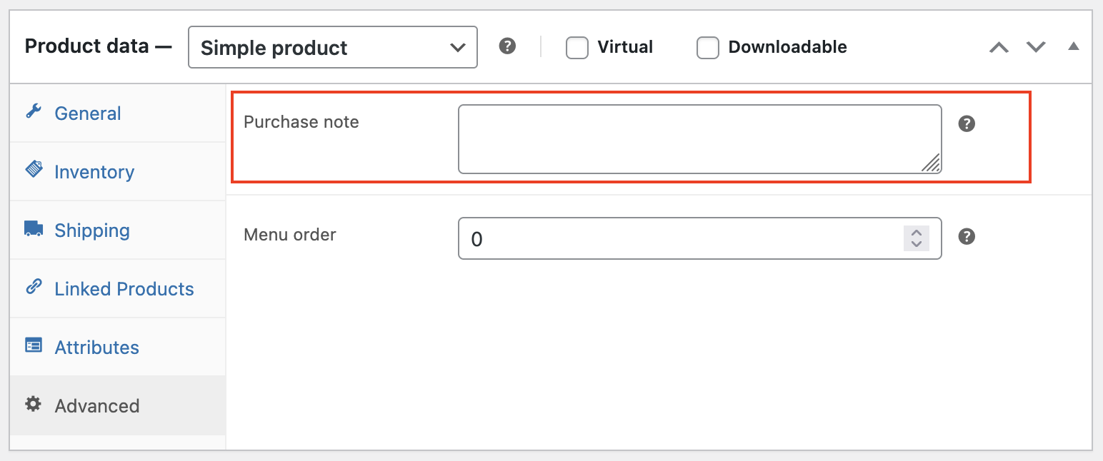 WooCommerce product "purchase note" setting screen