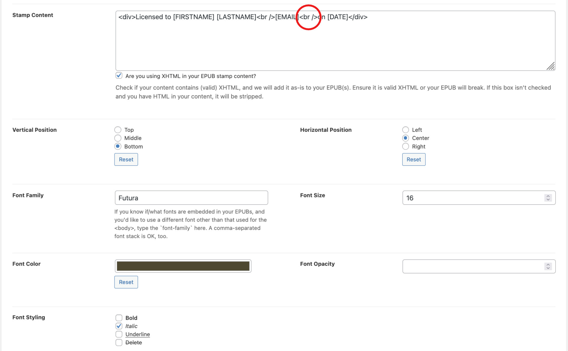 Screenshot showing the PDF Ink EPUB stamping settings as well as the font, color, size, opacity, and placement settings.