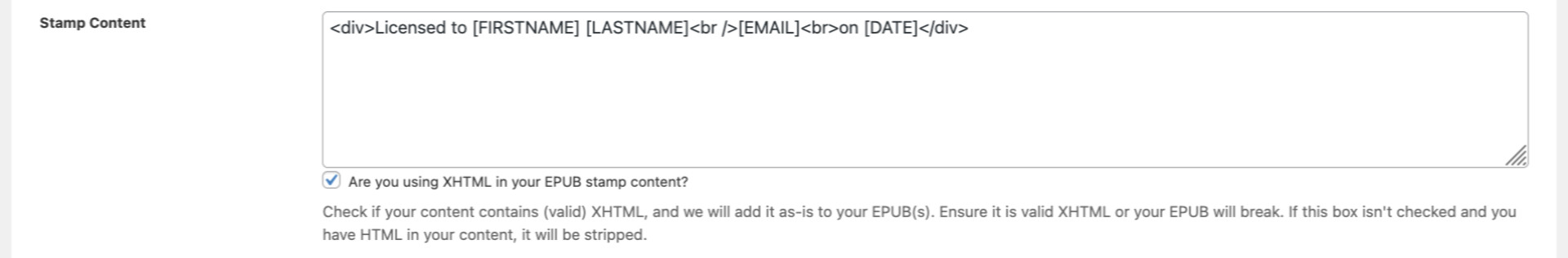 screenshot of PDF Ink EPUB content setting field with XHTML, but there is a slight error because one -br- tag is not closed.