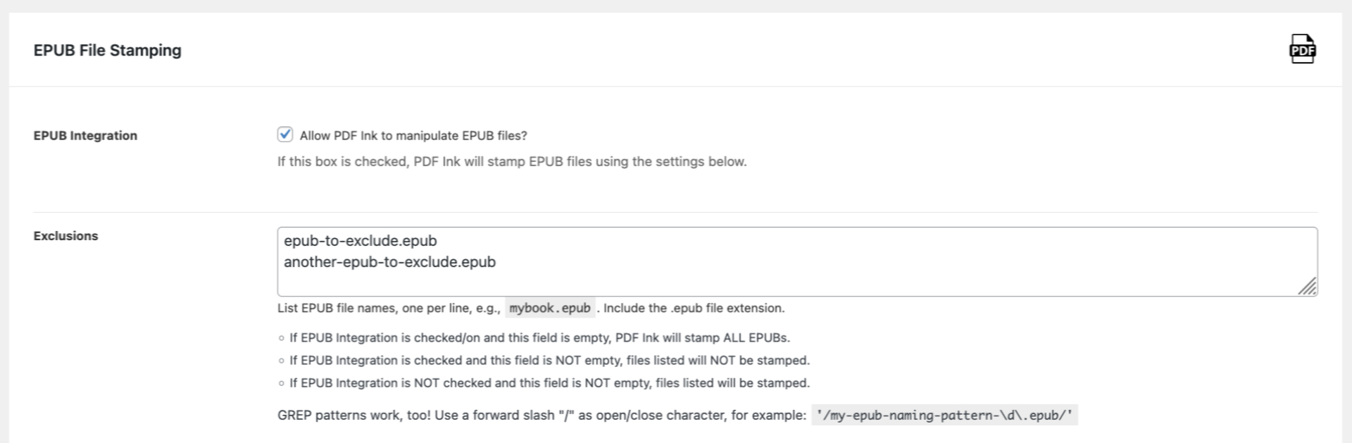 Screenshot of PDF Ink EPUB setup settings, with on/off switch and textarea to list files to include (or inversely omit)