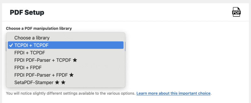 Screenshot of PDF Ink settings page PDF manipulation library dropdown, which library set to use, e.g. TCPDI + TCPDF, FPDI + FPDF, SetaPDF-Stamper