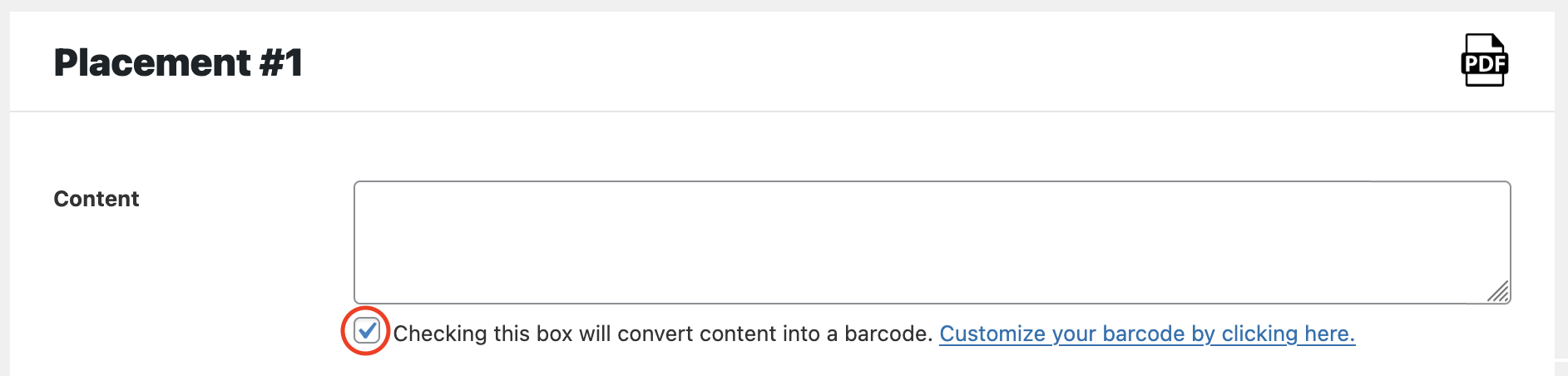 Screenshot of PDF Ink settings panel showing the checkbox to check to convert text content into barcode, and link to click to get further settings popup.