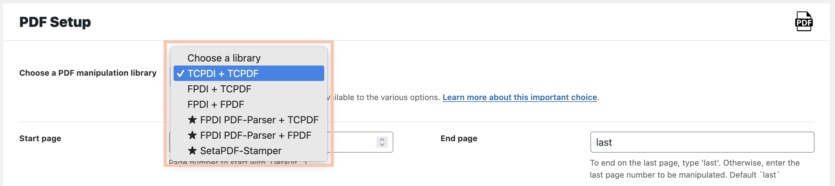 Screenshot of PDF Ink plugin settings page showing potential choice of PHP PDF manipulation libraries, in an HTML select. Includes TCPDF, FPDF and SetaPDF-Stamper, and more.