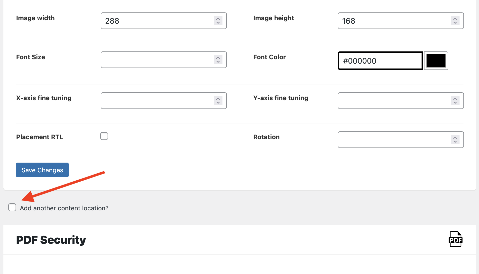 Screenshot of standard WordPress plugin settings page, where if a "ad another content location?" checkbox is checked, more settings display.