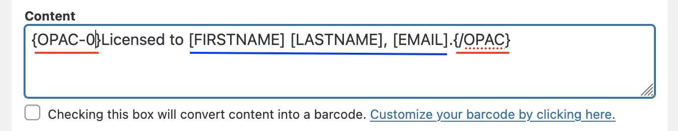 Woocommerce watermark PDF Ink settings field showing how to make a transparent watermark when using TCPDF - surround your text with the special {OPAC} tag