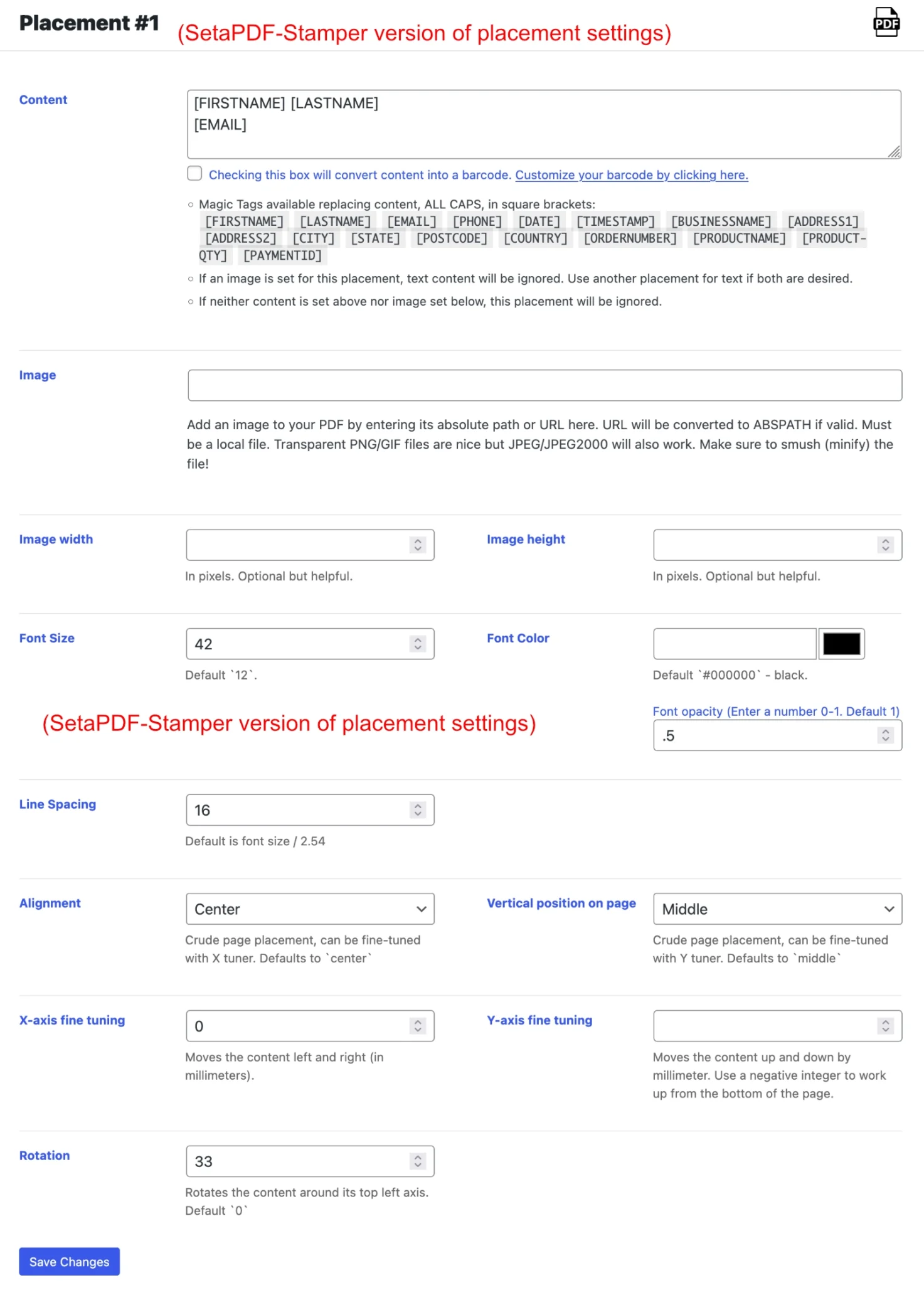 Screenshot of PDF Watermark plugin placement settings when using SetaPDF-Stamper